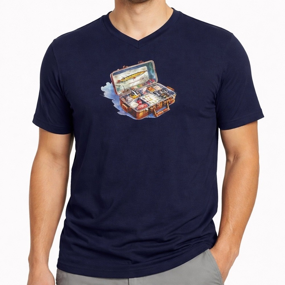 George‎ Men's Large Navy Blue Fishing Tackle Box Graphic V-Neck T-Shirt NEW NWT
